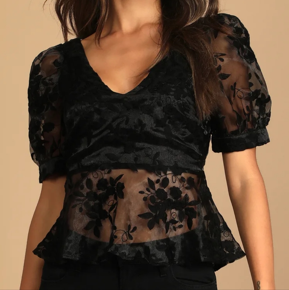 Allure and Attraction Black Embroidered Puff Sleeve Tie-Back Top Lulus